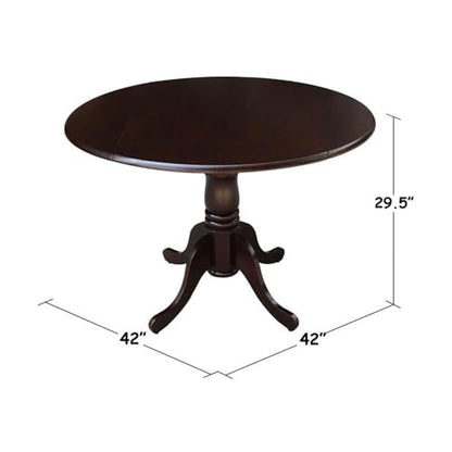 IC International Concepts, 42" Round Dual Drop Leaf Pedestal Dining Table, Solid Real Wood, Sturdy Parawood, Rich Mocha - color: Rich Mocha