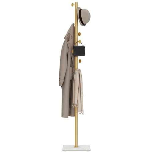 Clothes Rack Freestanding, Coat Stand with 8 Hooks, Gold | Small Garment Rack with Heavy Rock Slab Base, Modern Metal Clothing Rack for Hanging Clothes with 8 Hooks for Bedroom, Office - color: Gold