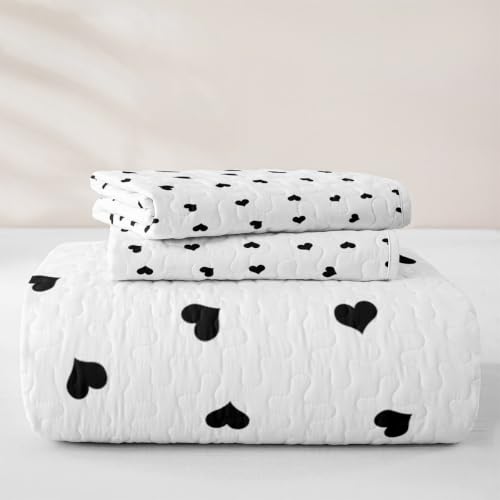 Sweet Heart Kids Quilt Set Full Size,Romantic Quilted Bedspread,Princess Style Quilted Coverlet with 2 Pillow Sham,Black White Bed Covers for All Season - color: Black White, size: Full
