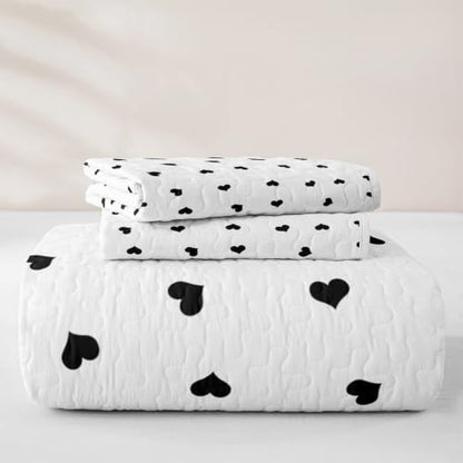 Sweet Heart Kids Quilt Set Full Size,Romantic Quilted Bedspread,Princess Style Quilted Coverlet with 2 Pillow Sham,Black White Bed Covers for All Season - color: Black White, size: Full