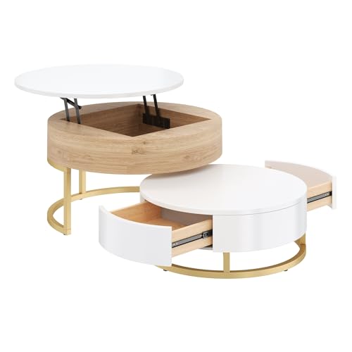 Modern Round Lift-top Nesting Coffee Tables with 2 Drawers for Living Room White & Natural - color: Oak Natural Wood + Antique White