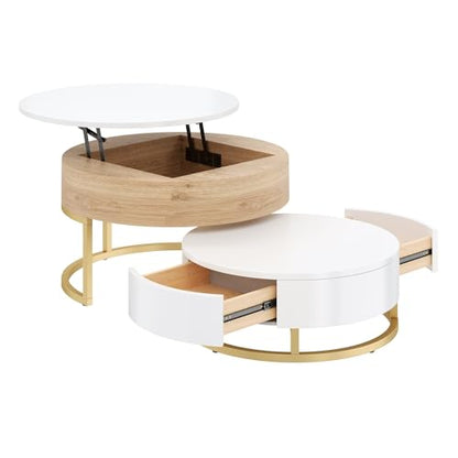 Modern Round Lift-top Nesting Coffee Tables with 2 Drawers for Living Room White & Natural - color: Oak Natural Wood + Antique White