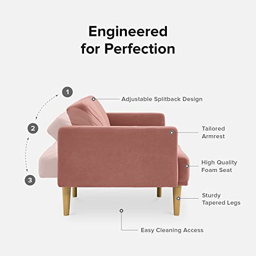 mopio 76.4" Futon Sofa Bed Chevron Styled, Sleeper Couch (Old Rosa Velvet) | Reclines flat for surprise sleepovers; space-savvy design and tapered legs add mid-century warmth. - color: Old Rosa Velvet