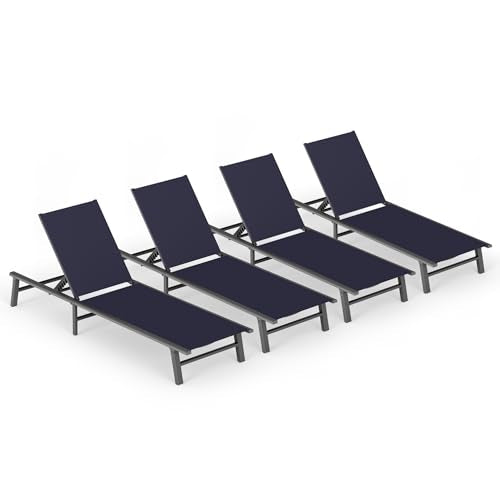Foldable Outdoor Lounge Chair Set of 4, No Assembly Aluminum Chaise Lounge Outdoor with 5-Positions, Aluminum Pool Lounge Chairs with Portable Design for Pool, Deck, Beach, Patio (Navy Blue) - color: Navy Blue-upgraded, size: 4 Packs