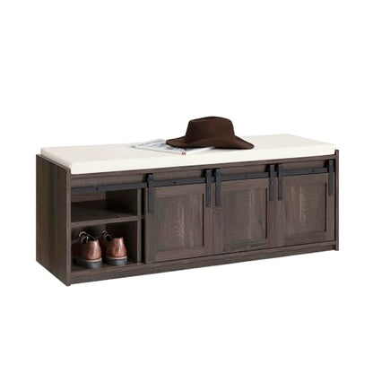 Haotian Entryway Shoe Storage Bench | Shoe Rack Bench with Sliding Barn Doors, Drawer & Padded Seat Cushion, Rustic Window Bench for Mudroom