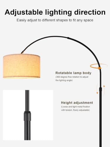 Arc Floor Lamp with Side Table, Adjustable Linen Shade Fishing Standing Lamp for Living Room Bedroom