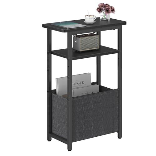 sthmec Narrow Side Table, Skinny End Tables with Fabric Basket, Small Side Tables for Small Space, 2-Tier Open Shelves with Basket, Slim Nightstands for Bedroom,Living Room,Office, Black - color: Black, size: Ordinary (15.75''D* 7.85''W* 25.2''H)