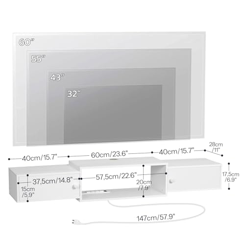 HOOBRO 55" Floating TV Stand with Power Outlet, Modern Wall Mounted Media Console Shelf Cabinet for Under TV Storage, Entertainment Center, Living Room, Bedroom, White WT11UDS01 - color: White