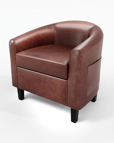 Leather Accent Chair, PU Leather Barrel Chairs, Comfy Round Club Armchair with Soft Cushion for Living Room, Bedroom, Reading, Waiting Room, Brown - color: Brown