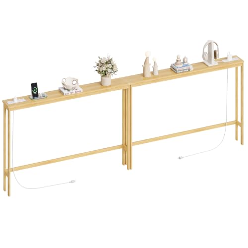 ELYKEN 2 Pack Bamboo Console Table, 5.9'' Narrow Sofa Table Behind Couch | Slim Skinny Hallway Table with Charging Station for Entryway, Living Room, Foyer, Entrance, 5.9 x 47.2 x 31.5in, Natural - color: Natural, size: 5.9"D x 94.5"W x 31.5"H