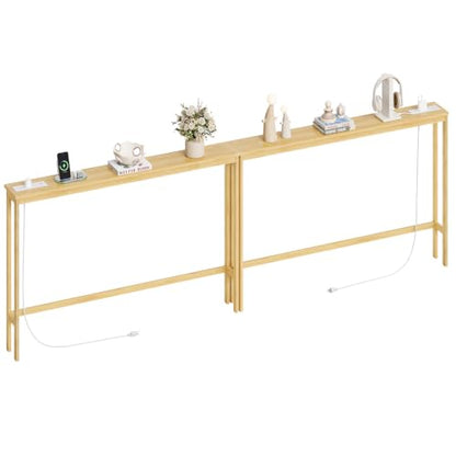 ELYKEN 2 Pack Bamboo Console Table, 5.9'' Narrow Sofa Table Behind Couch | Slim Skinny Hallway Table with Charging Station for Entryway, Living Room, Foyer, Entrance, 5.9 x 47.2 x 31.5in, Natural - color: Natural, size: 5.9"D x 94.5"W x 31.5"H