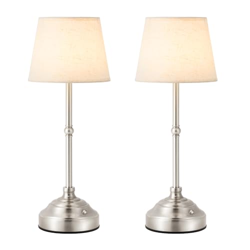 2 Pack Cordless Table Lamp, Rechargeable Desk Lamp with Fabric Shade, Battery Operated 3 Color Stepless Dimming, Small Touch Bedside Lamp Home Decor for Dining, Counter(Brushed Sliver) - color: Brushed Silver, size: 2 Pack