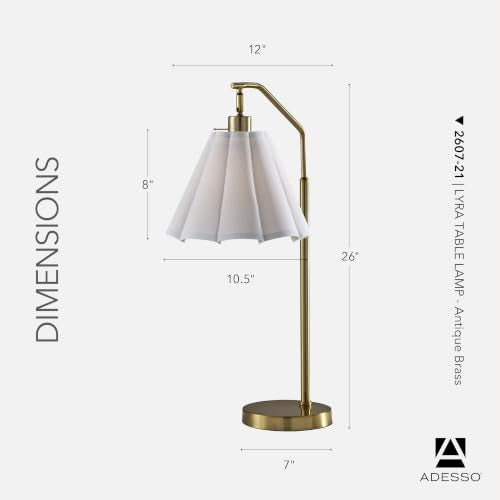 Adesso Table Lamp, Antique Brass & White, Adjustable Arm, 26” | Lyra 60W Table Lamp with Scalloped Fabric Shade, Rotary Switch, Bedroom, Living Room, or Home Office Accent Lighting