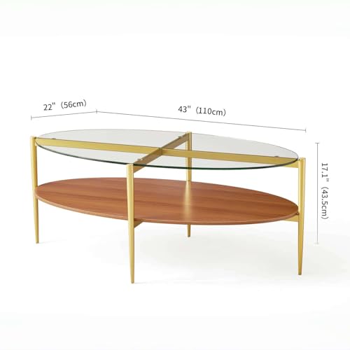 LumFurn Oval Glass Coffee Table, Surfboard Shaped Mid-Century Modern for Living Room, L43xW22xH17inch, Clear Glass and Walnut Finish Wood, Gold Finish Frame - color: Oval L43" Clear & Walnut