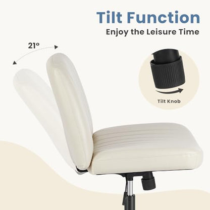 DUMOS Criss Cross Chair No Wheels, Wide Seat Cross Legged Office Desk Vanity Chair, Faux Leather Armless Height Adjustable Swivel Task Computer Chairs for Home, Study, Beige PU - color: Beige Pu