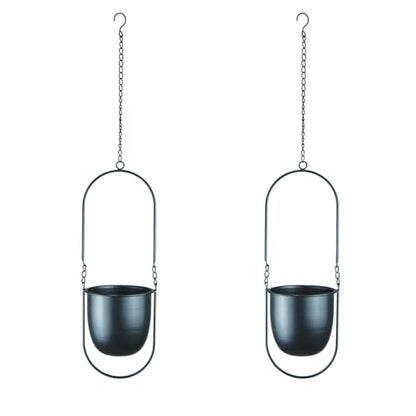 Modern Metal Hanging Planters with 6 Inch Pots and Sleek Chains - Set of 2 Oval Geometric Plant Hangers - Black Wall and Ceiling Mount Flower Holders for Indoor Décor - size: OVAL-6 INCH POT-V2