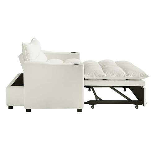 SLEERWAY 3 in 1 Convertible Sleeper Sofa Bed, 56.3" W Easy Pull Out Couch Bed with Dual Cup Holders, Comfy Thick Padding Futon Loveseat with Adjustable Backrest for Living Room Small Space (Grey) - color: Beige, size: 56.3"