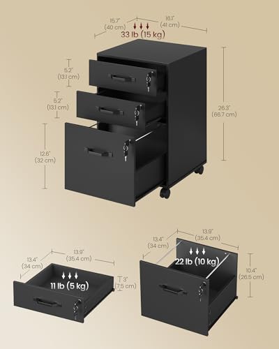 VASAGLE 3-Drawer Mobile File Cabinet, Home Office, Locking, Printer Stand | Highlight: Small Rolling, A4, Letter-Size Hanging File Folders, Ink Black, CUSTOS Collection UOFC084BC01SV1 - color: Ink Black, size: 3 Drawers with Lock