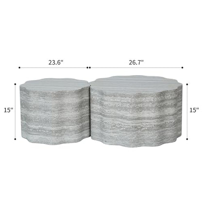 Nesting Coffee Table Set of 2, Modern Wood Center Table for Living Room, Faux Mars Pattern Side Table Accent End Table for Apartment Office, No Need Assembly (26.7"& 23.6",Beige & Grey) - color: 26.7"& 23.6" Beige Grey
