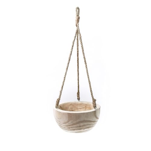 CYS EXCEL Meduim Wooden Hanging Planter Paulownia Wood Bowl Basket with Jute Rope for Indoor Plants Succulents - size: 9"