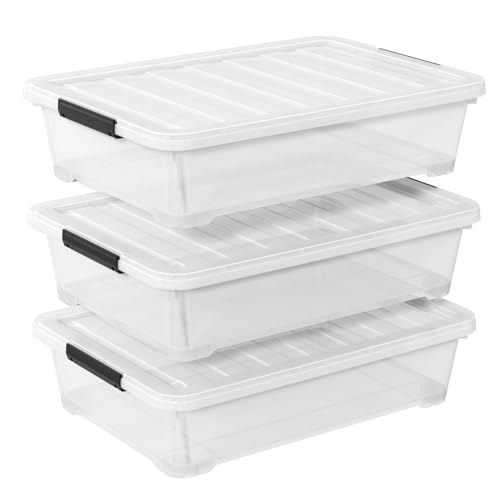 40 Quart Under Bed Plastic Storage Bins Wheels, Set of 3 | Clear Plastic Underbed Containers with Lid, Rolling Wheels for Easy Slide-Out, Space-Saving Organizer for Clothes and Shoes - size: 40 Quart