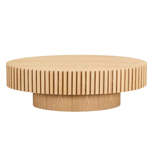 43.7'' Round Coffee Table for Living Room,Modern Handcraft Drum Coffee Table Wood Small Coffee Table with Sturdy Pedestal,Oak - color: Oak, size: 43.7"x24.8"x13.38"