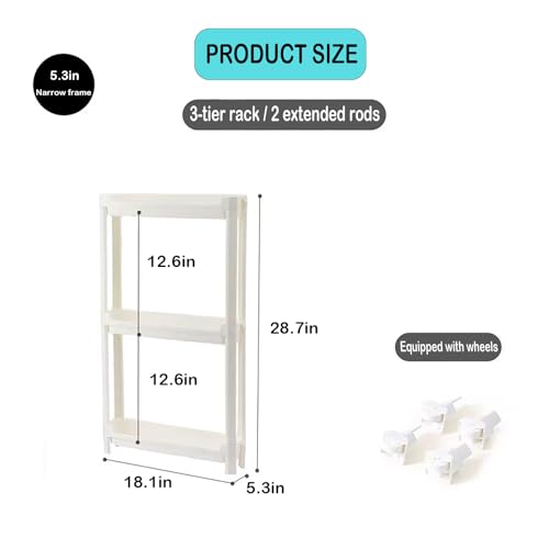 Slim Rolling Storage Cart with Wheels, Narrow Bathroom Cabinet Organizer for Small Spaces,Thin Shelf Unit,Kitchen,White (3 Tier)