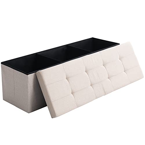 Storage Ottoman Bench Foldable Footrest Foot Stool, 45" Fabric Cream | Small Ottoman Foot Rest Seat Shoe Bench Flip-Top forliving Room End of Bed Bedroom Couch Dorm 166L Folding Upholstered Chair - color: Beige, size: 45.3" Flip