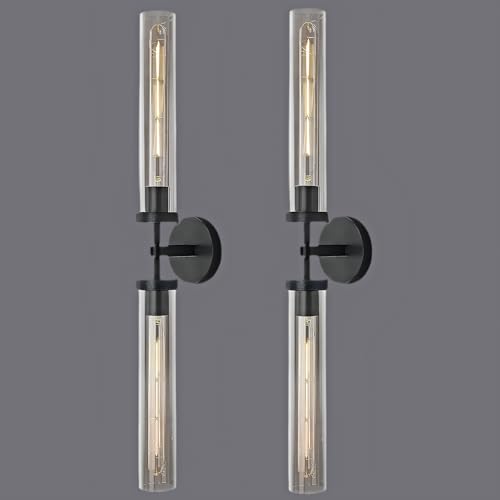 Brass Wall Sconces, 30in Black 2-Light Double Glass Sconces Wall Lighting, Bathroom Knurled Vanity Light Sconces, Wall Lights for Living Room Bedroom（Including Bulb） - color: Black- 30 inch-2 Pack, size: 2 Pack