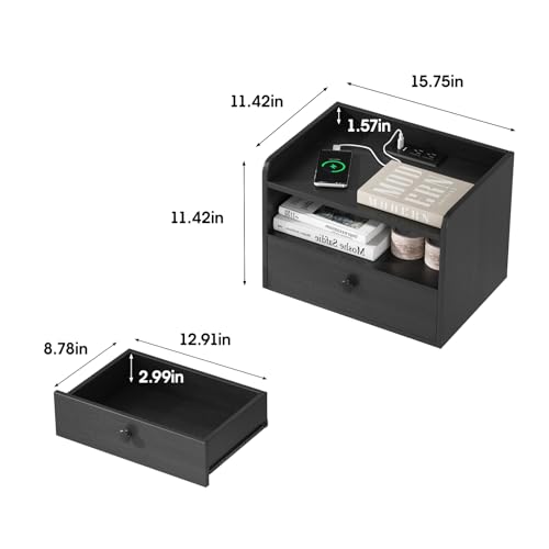 Floating Nightstand Set of 2 Modern Night Stands with Drawer and Open Shelf | Cubby Small Bedside End Table with Charging Station Wall Mounted Nightstands Set 2 for Bedroom Black - color: Black