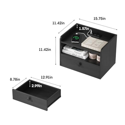 Floating Nightstand Set of 2 Modern Night Stands with Drawer and Open Shelf | Cubby Small Bedside End Table with Charging Station Wall Mounted Nightstands Set 2 for Bedroom Black - color: Black