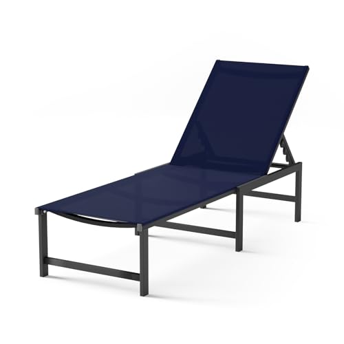 Aluminum Outdoor Chaise Lounge, 5Position Textilene Chair,Navy Blue | Rust-proof aluminum frame; UV quick-dry Textilene mesh; 5-position recliner; supports 400 lbs, built-in armrests - color: Navyblue, size: 1 Chair
