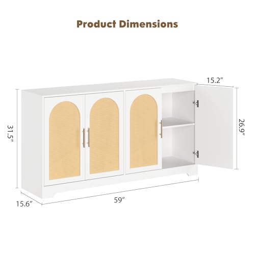 Garvee 59" Rattan Sideboard Buffet Cabinet - Large Storage Cabinet with 4 Doors, Modern Console Table Accent Coffee Bar Cabinet for Living Room, Kitchen, Hallway, Dining Room, White - color: White, size: 4 Doors