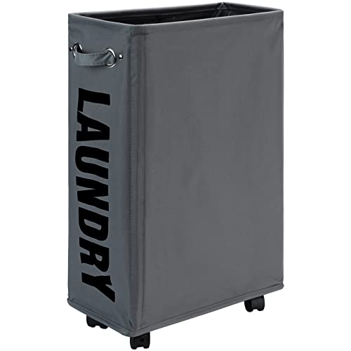 DOKEHOM 25" Slim Rolling Laundry Basket Hamper, Narrow on Wheels, Grey | Collapsible narrow laundry hamper with mesh drawstring closure. Foldable corner clothes storage bin for small spaces - color: Dark Grey/M, size: Slim Plus 25"