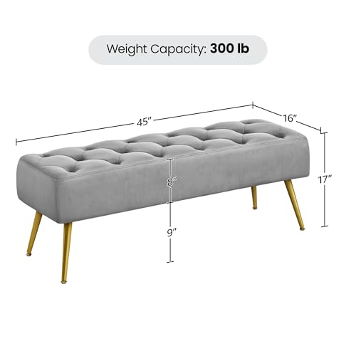 Yaheetech 45in Upholstered Velvet Ottoman Bench Seat with Gold Legs, Gray | Tufted Upholstered Bench Seat, Bed Bench with Tapered Gold Metal Legs, Sized for Window Seat Entryway Living Room - color: Grey
