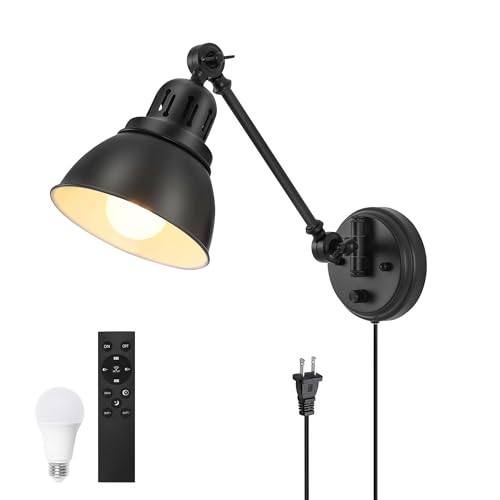 GOODATE 1 Pack Plug in Wall Sconce with Remote Control, Stepless Dimming & Stepless Colors 2700K-6500K, Plug in Wall Light, Swing Arm Wall Lamp with Night Light & Timer, LED Bulb Included - size: Black-1 PACK(Bulb+Remote)
