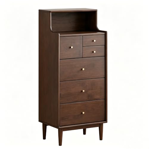 100% Solid Wood Nightstand, 6 Drawer Tall Side Table with Open Shelf, Slim End Table for Small Space, Bedroom Living Room Hallway,(Walnut, 16" W x 11" D x 47" H) - color: Walnut-16"h