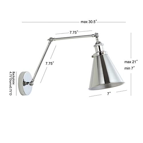 JONATHAN Y Rover 1-Light Wall Sconce 7", Chrome | Adjustable Arm, Hardwired Bedside Reading Swing Arm, Farmhouse Cone Shade, Metal Hardwired Indoor Fixture, LED Bulbs Included - color: Chrome, size: Set of 1
