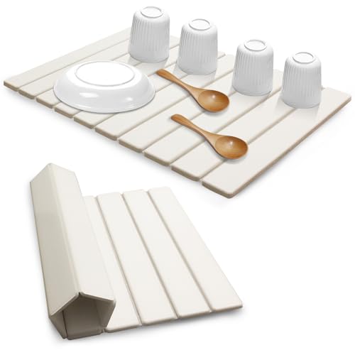 AIFLM Large Stone Dish Drying Mats for Kitchen Counter , Quick Dry Absorbent Collapsible Dish Drying Mat, 24”(L)x16”(W) Diatomaceous Earth Mats for Dishes Bottles Cups,Match Any Countertop
