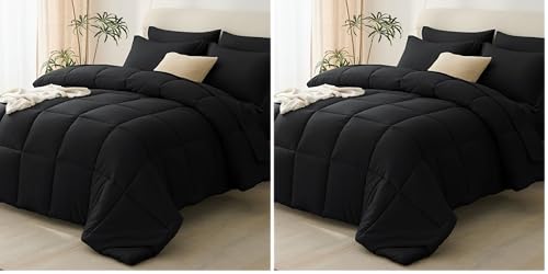 Queen Comforter Set Black - 7 Pieces Bed in a Bag Queen, All Season Soft Bedding Set, Oeko-Tex Certified Bed Set with Down Alternative Comforter, Sheets, Pillowcases & Pillow Shams (Pack of 2) - color: Black, size: Queen (Pack of 2)