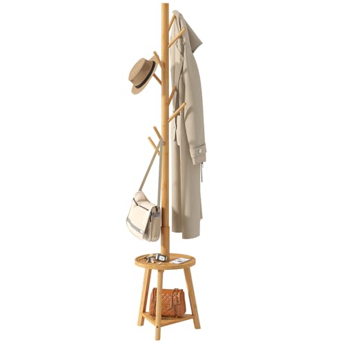 BMOSU Coat Rack freestanding Stand with 2 Shelves Bamboo Wooden Coat Tree Easy Assembly 8 Hooks Standing Jackets Hanger Hallway Office Floor Coat Stand Nature - color: NATURE