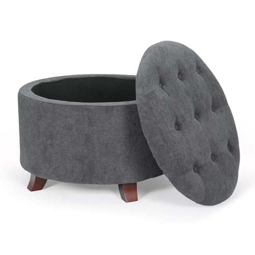 Athena Collection 24.5 Inch Small Ottoman with Storage, Round Linen Fabric Storage Ottoman Foot Rest with Removable Lid, Multipurpose Footstool Footrest for Livingroom, Bedroom, Dorm, Dark Grey - color: Dark Grey, size: 24.5"D x 24.5"W x 17"H