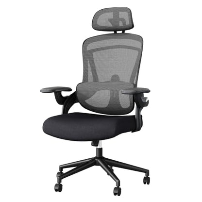 DUMOS Executive Home Office Chair, Ergonomic Computer Desk Chair, Mesh | 300 LBS, High Back, 2D Headrest, Adjustable Lumbar Support, Flip-up Armrests, Swivel Wheels, Black - color: Black