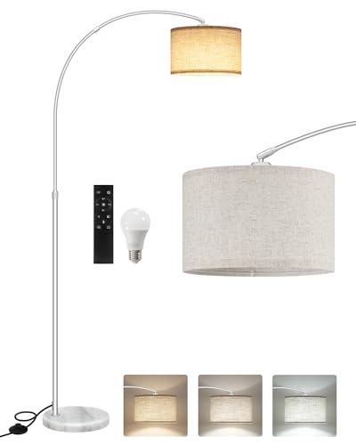 75" Arc Floor Lamp with Marble Base and Adjustable Height, Rotating Hanging Shade, Dimmable Floor Lamp for Living Room with Remote and Foot Switch, 3CCT, Beige Shade and Silver Pole SE15LD05N1 - color: Silver + Beige