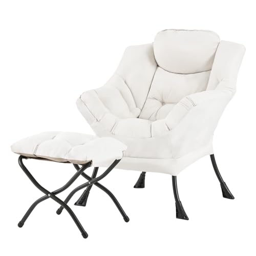 Welnow Lazy Chair with Ottoman, Reading Chair with Footrest, Beige | A Side Pocket,Armrests,Foldable Footrest,Thick Cushioned Seat & Backrest, Lounge Chair for Bedroom,Living Room & Small Space - color: Beige
