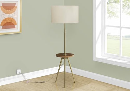 63" Gold Metal Floor Lamp with Adjustable Neck, Tripod Base, Built-in Table Shelf, Ivory Linen Shade for Living Room Bedroom Office
