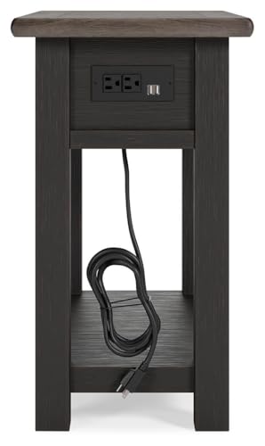 Signature Design by Ashley Narrow Chairside End Table with Charging Station | Smooth-gliding remote drawer, Lower display shelf, Rustic 2-tone finish, Tyler Creek Series - color: Black