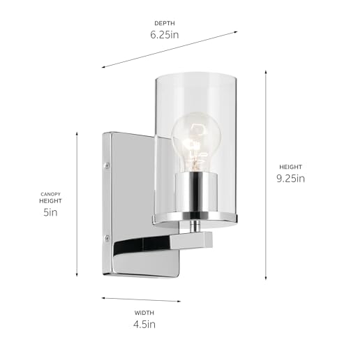 Kichler Crosby 1-Light Bathroom Wall Light, Chrome | Clear glass wall light for bathrooms, hallways and bedrooms (4.5" x 9.25"), 45495CHCLR - color: Chrome, size: 1 Light, style: Clear Glass