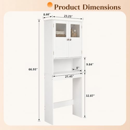 VINGLI Over The Toilet Storage Cabinet White Bathroom Storage Organizer Above the Toilet Shelf with Acrylic Glass Double Doors Wood Muebles para BañO Rack with Adjustable Shelf - color: White, size: 8.5"D x 23.23"W x 67"H