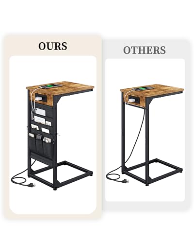C-Shaped End Table with Fast-Charging Station, Small Couch Side Table with Storage Bag, Sofa TV Tray Table for Living Room, Bedroom, Bedside ET-BR-1 - color: Rustic Brown